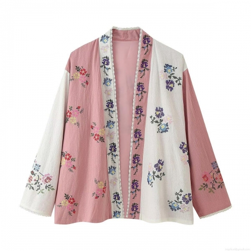 Women's Floral Embroidery Patchwork Cardigan Long Sleeve Stand Collar Lace Trim Polyester Cotton Blend Loose Blouse Kimono Style Ethnic Casual Top