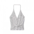 Sexy Silver Sequin Halter Neck Backless Camisole Top Slim Fit Sparkly Clubwear Party Tank Top Sleeveless Summer Blouse for Women Night Out Clubbing