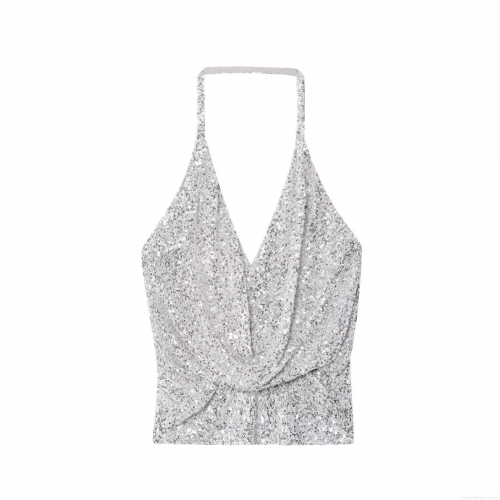 Sexy Silver Sequin Halter Neck Backless Camisole Top Slim Fit Sparkly Clubwear Party Tank Top Sleeveless Summer Blouse for Women Night Out Clubbing