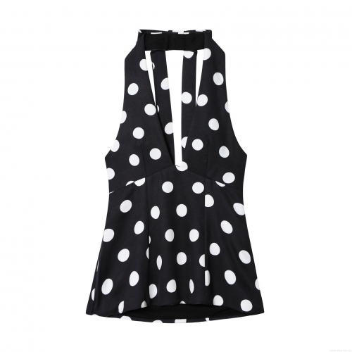 Women's Sexy Polka Dot Halter Neck Top Polyester Deep V-Neck Sleeveless Bow Tie Party Crop Top Retro Slim Fit Hot Girl Streetwear Summer Tank Top