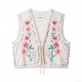 Vintage Boho Floral Embroidered Vest Women's V-Neck Lace Trim Cotton Blend Texture Sleeveless Waistcoat Tie-Front Short Tank Top Ethnic Style Cardigan