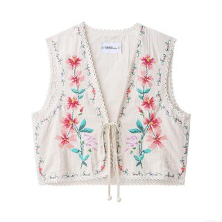 Vintage Boho Floral Embroidered Vest Women's V-Neck Lace Trim Cotton Blend Texture Sleeveless Waistcoat Tie-Front Short Tank Top Ethnic Style Cardigan