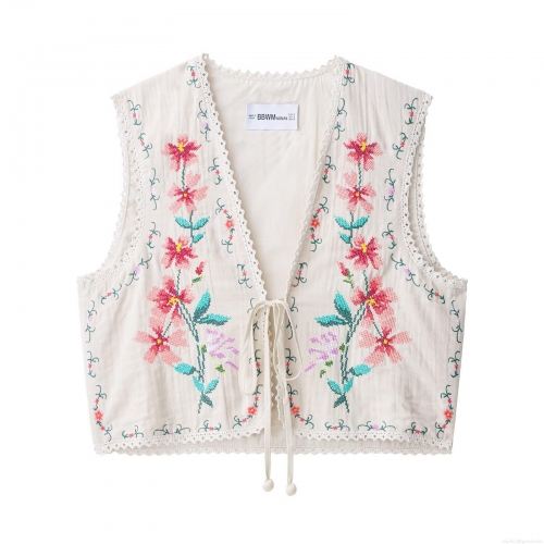 Vintage Boho Floral Embroidered Vest Women's V-Neck Lace Trim Cotton Blend Texture Sleeveless Waistcoat Tie-Front Short Tank Top Ethnic Style Cardigan