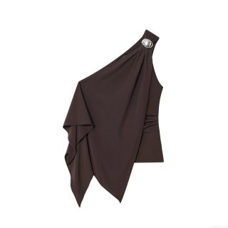 Women's Sexy One Shoulder Ruched Crop Top Asymmetric Slim Fit Polyester Tank Top With Silver Metal Buckle Coffee Brown Sleeveless Shirt For Clubwear Party