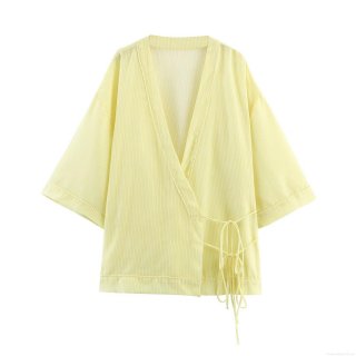 Women's Striped Kimono Style Blouse Tie Front V Neck 3/4 Sleeve Polyester Casual Summer Tops Lightweight Cardigan Shirt for Women