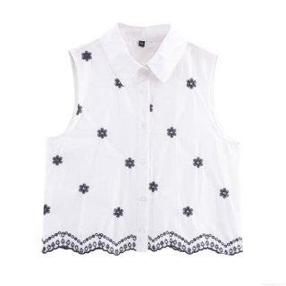 Women's Sleeveless Embroidered Shirt Cotton Blend Floral Pattern Scalloped Hem Turn-down Collar Button Down Blouse Top for Summer Casual Daily Wear