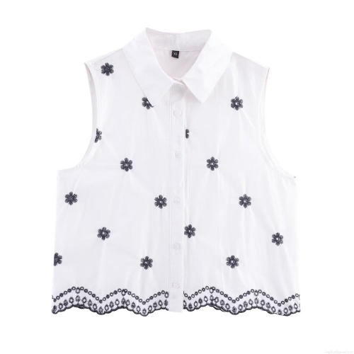 Women's Sleeveless Embroidered Shirt Cotton Blend Floral Pattern Scalloped Hem Turn-down Collar Button Down Blouse Top for Summer Casual Daily Wear