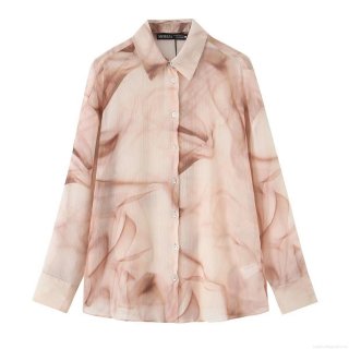 Women's Fashion Tie-Dye Marble Print Chiffon Long Sleeve Shirt Elegant Button Down Blouse With Shirt Collar For Casual Office Daily Wear