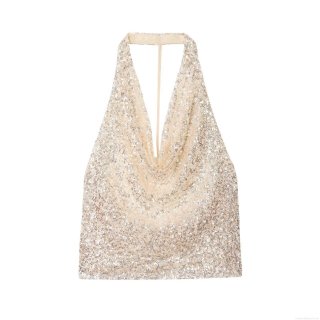 Women Sexy Sequin Halter Neck Top Backless Sparkly Champagne Gold Party Clubwear Sleeveless Camisole Slim Fit Cropped Tank Vest