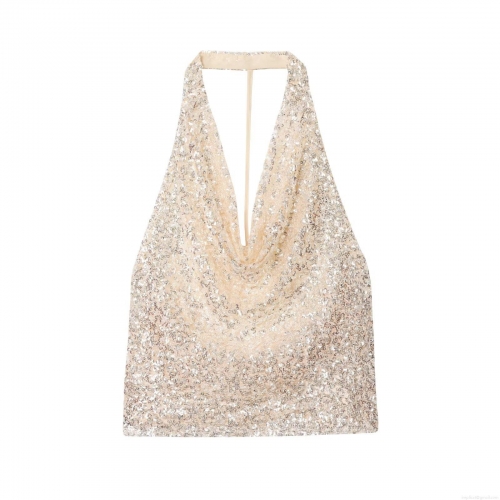 Women Sexy Sequin Halter Neck Top Backless Sparkly Champagne Gold Party Clubwear Sleeveless Camisole Slim Fit Cropped Tank Vest