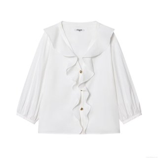 Elegant White Long Sleeve Ruffle Blouse For Women Fashion Doll Collar Lantern Sleeve Poplin Shirt With Golden Buttons Casual Office Lady Top