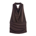Women's Sexy Halter Neck Ruched Top Cowl Neck Sleeveless Slim Fit Pleated Backless Coffee Brown Polyester Shirt For Summer Party Clubwear