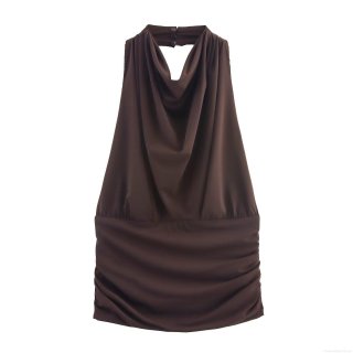 Women's Sexy Halter Neck Ruched Top Cowl Neck Sleeveless Slim Fit Pleated Backless Coffee Brown Polyester Shirt For Summer Party Clubwear