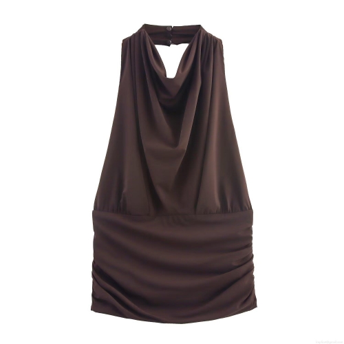 Women's Sexy Halter Neck Ruched Top Cowl Neck Sleeveless Slim Fit Pleated Backless Coffee Brown Polyester Shirt For Summer Party Clubwear