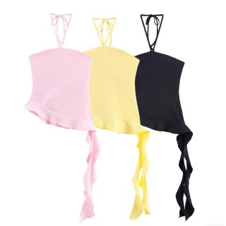 Women Sexy Halter Neck Asymmetric Ruffle Hem Top Polyester Solid Color Backless Layered Texture Camisole Crop Top For Summer Beach Party
