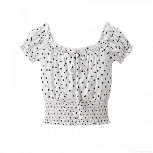 Women's Polka Dot Puff Sleeve Blouse Elegant Off Shoulder Smocked Cropped Top With Ruffle Detail Pullover Sweet Summer Shirt For Women
