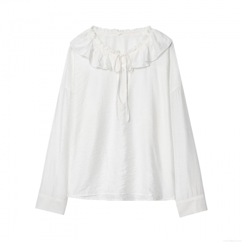 Women's Ruffle Peter Pan Collar Blouse Long Sleeve Tie Neck Solid Color Polyester Shirt Casual Sweet Elegant Tops for Women Spring Autumn