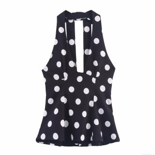 Women's Polka Dot Halter Top Polyester Backless Sexy V Neck Bow Detail Sleeveless Shirt For Summer Party Vacation