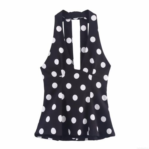 Women's Polka Dot Halter Top Polyester Backless Sexy V Neck Bow Detail Sleeveless Shirt For Summer Party Vacation