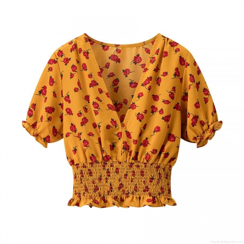 Women's V Neck Floral Chiffon Blouse Yellow Red Rose Print Short Puff Sleeve Smocked Waist Crop Top For Summer Vacation Casual Daily Wear