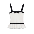 Women's Contrast Bow Knot Knit Camisole Top Black White Ribbed Crop Top Ruffle Hem Slim Fit Sleeveless Vest Tank Top For Summer Party Women