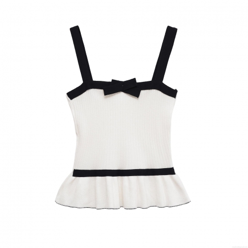 Women's Contrast Bow Knot Knit Camisole Top Black White Ribbed Crop Top Ruffle Hem Slim Fit Sleeveless Vest Tank Top For Summer Party Women