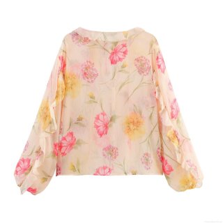 Women Floral Print Chiffon Blouse Elegant V Neck Ruffle Long Sleeve Shirt Lightweight Semi-Transparent Top With Wood Beads Tie For Daily Date Casual Spring