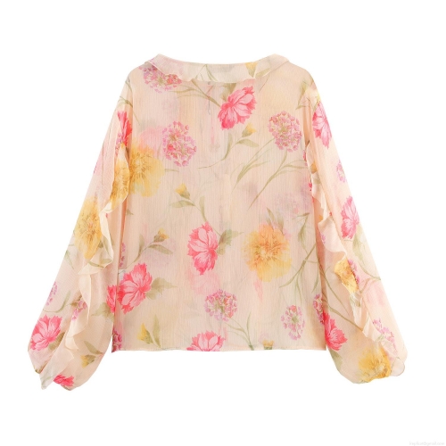 Women Floral Print Chiffon Blouse Elegant V Neck Ruffle Long Sleeve Shirt Lightweight Semi-Transparent Top With Wood Beads Tie For Daily Date Casual Spring