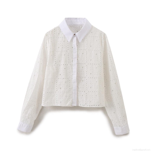Women's White Cotton Blend Eyelet Embroidery Hollow Out Long Sleeve Shirt Elegant Sweet Button Down Blouse Casual Short Top For Women
