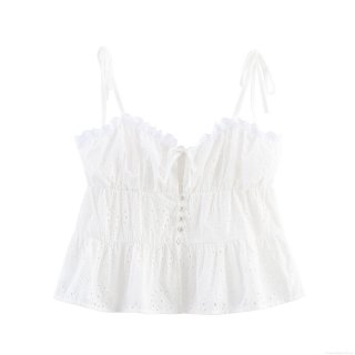 Women Sweet Eyelet Embroidery Camisole Cotton Blend Hollow Out Bow Strappy Button Down Summer Vacation Sleeveless Crop Top for Ladies