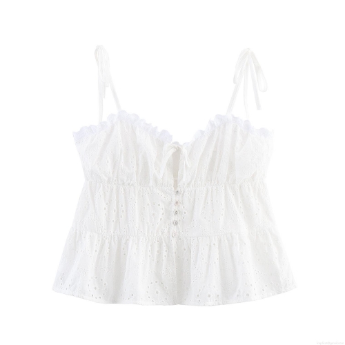 Women Sweet Eyelet Embroidery Camisole Cotton Blend Hollow Out Bow Strappy Button Down Summer Vacation Sleeveless Crop Top for Ladies