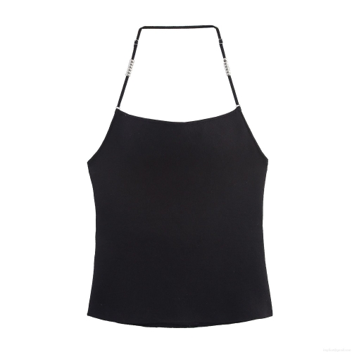 Sexy Halter Neck Knitted Tank Top With Silver Metal Beads Backless Slim Fit Side Slit Sleeveless Camisole For Women Party Clubwear Solid Black Knit Top