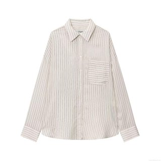 Women's Casual Striped Long Sleeve Shirt Polyester Lapel Button Down Blouse With Chest Pocket For Daily Commute Fashion Striped Top