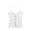 French Chic Sexy White Camisole Tank Top Slim Fit V-Neck Metal Buttons Pleated Slit Hem Thin Straps Polyester Acrylic Blend Streetwear Clubwear Women Clothing