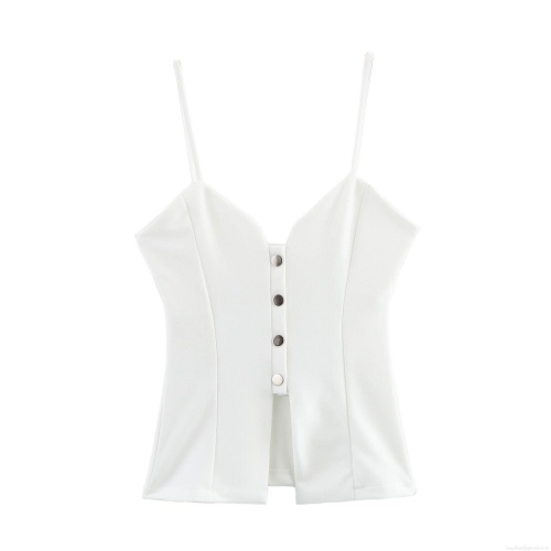 French Chic Sexy White Camisole Tank Top Slim Fit V-Neck Metal Buttons Pleated Slit Hem Thin Straps Polyester Acrylic Blend Streetwear Clubwear Women Clothing