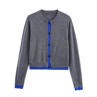 Women's Contrast Trim Knit Cardigan Jacket Round Neck Single Breasted Long Sleeve Casual Elegant Knitted Outerwear Spring Autumn Top