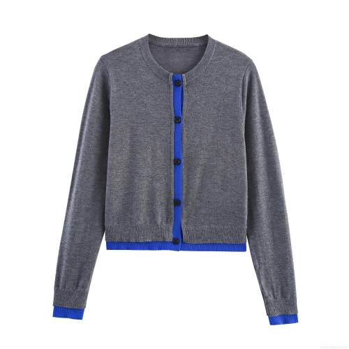 Women's Contrast Trim Knit Cardigan Jacket Round Neck Single Breasted Long Sleeve Casual Elegant Knitted Outerwear Spring Autumn Top
