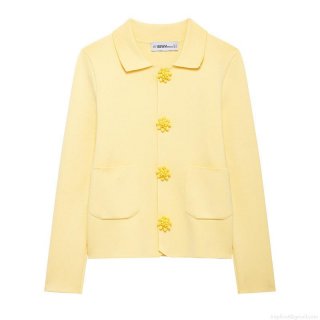 Women Yellow Knit Cardigan Sweater 100% Polyester Lapel Long Sleeve Top With Floral Buttons And Pockets Casual Sweet Style Spring Autumn Daily Wear