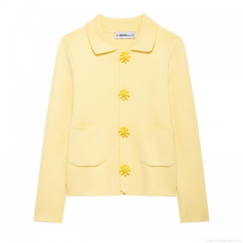 Women Yellow Knit Cardigan Sweater 100% Polyester Lapel Long Sleeve Top With Floral Buttons And Pockets Casual Sweet Style Spring Autumn Daily Wear