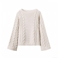Women's Casual Cable Knit Sweater Round Neck Long Sleeve Loose Fit Pullover 100% Polyester Warm Knitwear Top Cream