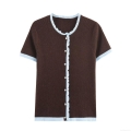 Women's Color-block Knitted Cardigan Short Sleeve Round Neck Button Down Sweater Top With Lettuce Edge Trim Polyester Knit Casual Chic Outerwear For Women