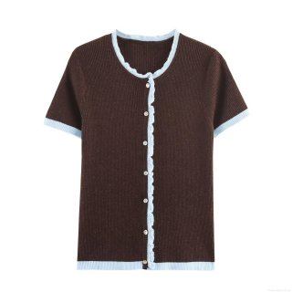 Women's Color-block Knitted Cardigan Short Sleeve Round Neck Button Down Sweater Top With Lettuce Edge Trim Polyester Knit Casual Chic Outerwear For Women