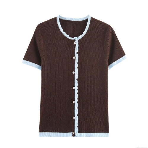 Women's Color-block Knitted Cardigan Short Sleeve Round Neck Button Down Sweater Top With Lettuce Edge Trim Polyester Knit Casual Chic Outerwear For Women