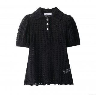 Women's Hollow Out Knitted Polo Shirt Short Sleeve Puff Sleeve Top Casual Black Crochet Polyester T-Shirt For Women Daily Streetwear Comfort Tee