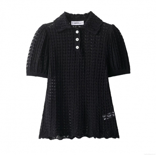 Women's Hollow Out Knitted Polo Shirt Short Sleeve Puff Sleeve Top Casual Black Crochet Polyester T-Shirt For Women Daily Streetwear Comfort Tee
