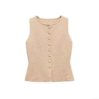 Women's Knit Tank Top Ribbed Polyester Button Front Sleeveless Round Neck Slim Fit Daily Casual Sleeveless Vest Top for Women