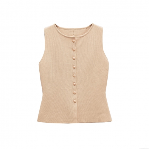 Women's Knit Tank Top Ribbed Polyester Button Front Sleeveless Round Neck Slim Fit Daily Casual Sleeveless Vest Top for Women