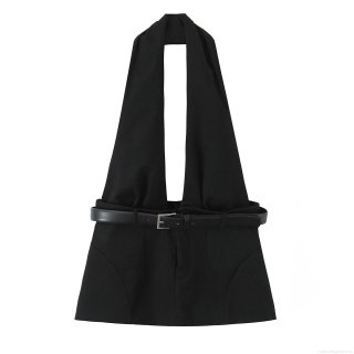 Women's Sexy Halter Neck Cutout Top With Faux Leather Belt Slim Fit Polyester Solid Color Elegant Party Sleeveless Clubwear Blouse