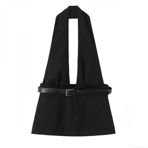 Women's Sexy Halter Neck Cutout Top With Faux Leather Belt Slim Fit Polyester Solid Color Elegant Party Sleeveless Clubwear Blouse