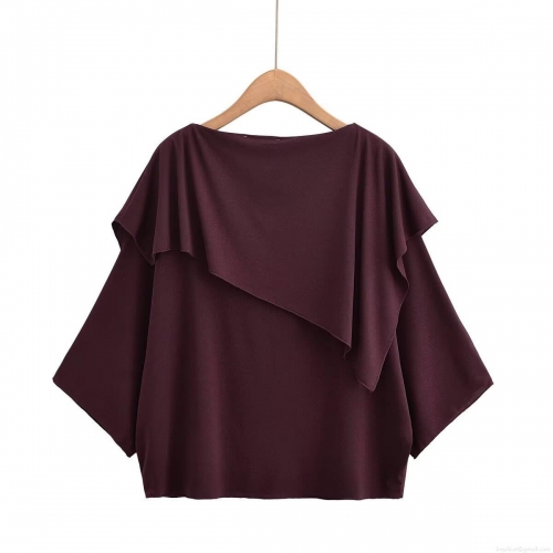 Women's Elegant Asymmetric Layered Long Sleeve Top Solid Color Round Neck Loose Chiffon Blouse Casual Streetwear Ruffle Drape Shirt Autumn Fall Clothing